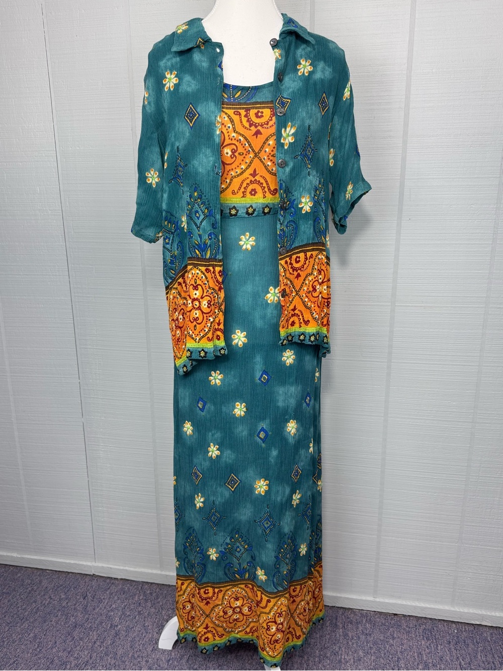 Vintage M.P.H Maxi Dress Button Up Shirt Two Piece Set Multicolor Floral